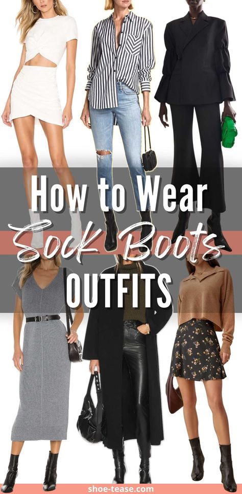 How to Wear Sock Boots Outfits - 25 Sock Bootie Outfit Ideas Sock Boots Outfit Dress, What To Wear With Sock Boots, Sock Boot Outfit Winter, Mid Calf Black Boots Outfit, How To Wear Sock Boots, Mid Heel Boots Outfit, Boots With Socks Outfit Winter Fashion, Black Sock Boots Outfit Jeans, Knee High Sock Boots Outfit