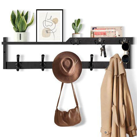 PRICES MAY VARY. PRACTICAL AND STYLISH: The appearance design of this wall-mounted coat rack is both fashionable and practical, and has applied for an appearance patent; It makes full use of the wall space at the entrance, can be matched with various decoration styles, adding an elegant touch to your space 4-IN-1 FUNCTION: It is not only a coat rack, but also a key holder and mail organizer, and it is also a storage and display wall shelf; You no longer have to worry about forgetting things when Foyer Hooks Entrance, Key Hanger Ideas, Floating Shelf With Hooks, Backpack Hooks, Coat Hanger Wall, Coat Rack Wall Mount, Hallway Seating, Wood Entryway, Shelf With Hooks