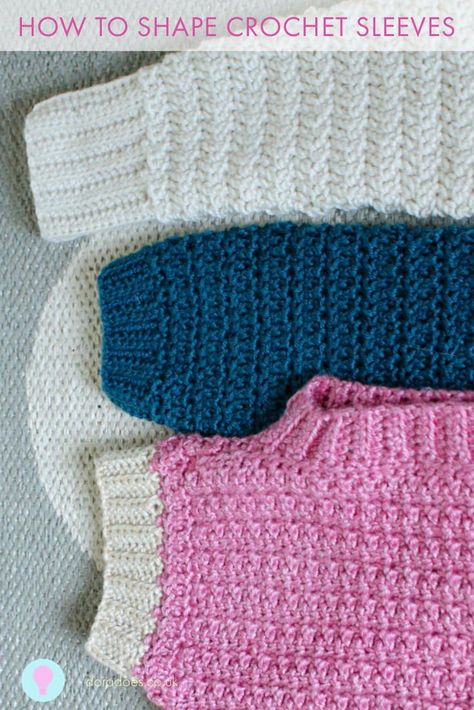 Do you struggle with the shaping of crochet sleeves? This post will teach you how to go about customising the shaping of crochet sleeves so you can crochet garments to suit your preferences. It talks about common sleeve shapes and how to achieve them and how to work out how many decreases or increases you add. Click to read more How To Crochet Sleeve Cuffs, How To Add Sleeves To A Crochet Top, Adding Cuffs To Sleeves Crochet, Crochet Sleeve Cuff Pattern, How To Crochet Sleeves Tutorials, How To Make Crochet Sleeves, Adding Crochet Sleeves To Shirt, How To Crochet Sleeves On A Sweater, How To Crochet A Sleeve