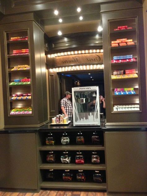 Home Theatre Concession Stand Home Movie Theater Snack Bar, Home Theater Concession, Theatre Room Ideas, Home Movie Theater, Room Cinema, Movie Theater Decor, Movie Theater Rooms, Basement Home Theater, Home Theater Room Design