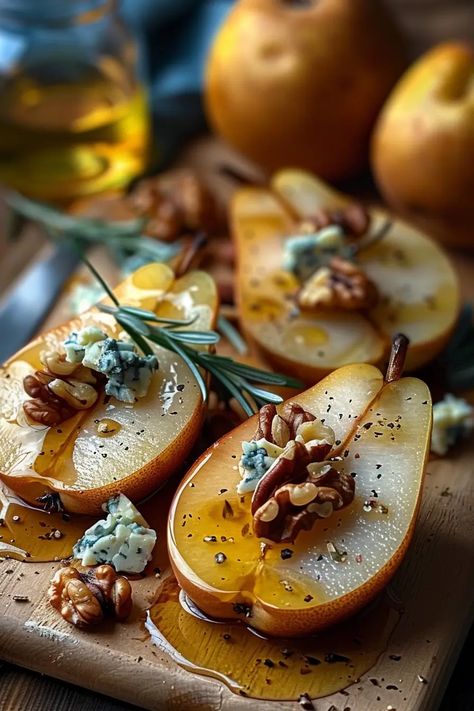 Walnut Blue Cheese Honey Pears Roasted Pears With Blue Cheese Walnuts And Honey, Pear With Blue Cheese, Blue Cheese Stuffed Pears, Walnut Blue Cheese Honey Pears, Baked Pears With Blue Cheese And Honey, Mushroom Orzo, Pan Dishes, Spinach Mushroom, Baked Pears