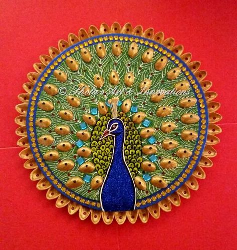 Trendy Diy Jewelry, Diy Jewelry Tray, Pistachio Shell, Pista Shell Crafts, Aarti Thali, Peacock Wall Decor, Puja Thali, Thali Decoration, Pistachio Shells