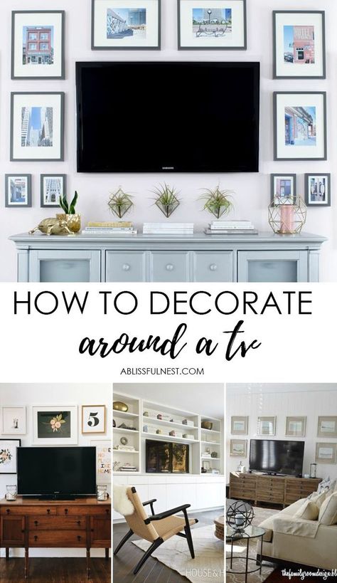 New tips and trends on how to decorate around a TV, visit http://ablissfulnest.com/ #interiors #designtips How To Decorate Around A Tv, Tv Gallery Wall, Decor Around Tv, Tv Wall Decor, Tv Wall Design, Tv Decor, Living Room Tv Wall, New Living Room, A Living Room