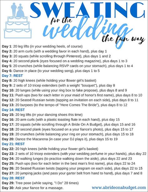 Tired of BORING 30-day workout challenges? I get it! This Sweating For The Wedding The Fun Way 30-day workout challenge from www.abrideonabudget.com is SO MUCH more fun and PERFECT for a bride-to-be. Wedding Workout Plan, Sweating For The Wedding, Beachbody Workout, Bride Workout, Wedding Body, Workout Challenges, Challenge Fitness, Wedding Diet, Wedding Workout