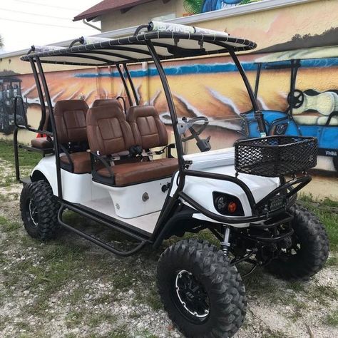 Customized off-road golf cart with lift kit Golf Cart Modifications, Golf Carts Makeover, Golf Cart Ideas, Ez Go Golf Cart, Off Road Golf Cart, License To Drive, Gold Cart, Ezgo Golf Cart, Golf Carts For Sale