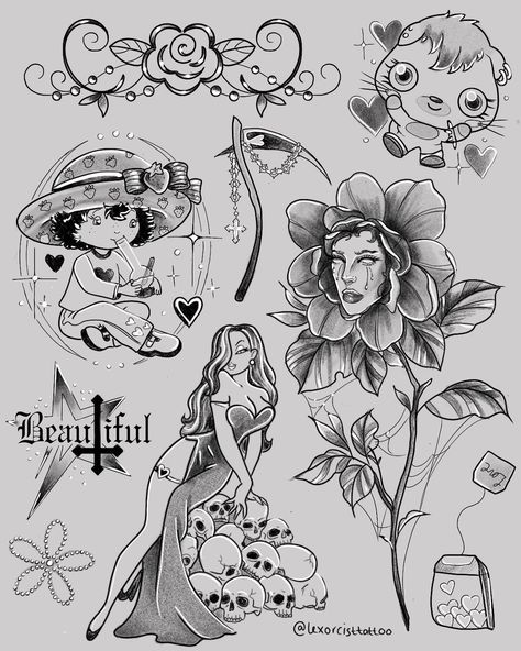 New flash sheet 🍓💨 Keen to book? Dm me or call/dm my studio @fullspectrumtattoo ✨ 🫧USE CODE “LEXORCIST10” for 10% off AFTERCARE COLLECTIVE ✨ @aftercare_collective #tattoo #y2k #melbournetattoo #finelinetatoo #flashtattoo #y2ktattoo Flash Tattoo Designs For Women, Tattoo Practice Sheet, Tattoo Sheets Drawings, 90s Flash Tattoo, Dainty Tats, Tattoo Ideas Stencil, Patchwork Tattoo Sleeve, Flash Tattoo Sleeve, Flash Sheet Tattoo