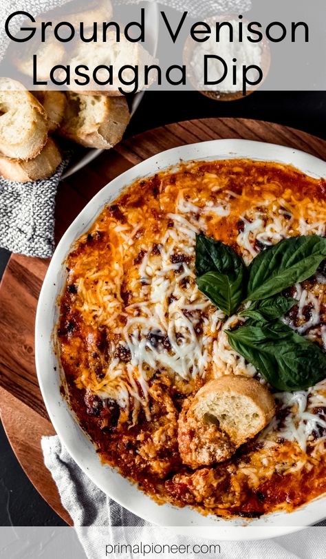 Just in time for championship season, this ground venison lasagna dip is a crowd-pleasing appetizer. Full of your favorite lasagna flavors; it's another easy ground venison recipe! Venison Lasagna, Venison Meals, Lasagna Dip, Ground Venison Recipes, Elk Recipes, Deer Recipes, Ground Venison, Deer Meat Recipes, Game Meat