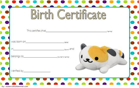 Stuffed Animal Birth Certificate Template FREE editable and printable format (7th Design) for Word and PDF. Stuffed Animal Adoption Certificate, Stuffed Animal Adoption, Pet Birth Certificate, Animal Adoption Certificate, Pouffe Pattern, Sports Day Certificates, Adoption Certificate Template, Cat Birth, Certificate Ideas