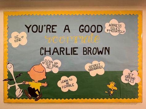 Homecoming Bulletin Board, Cartoon Theme Classroom Decoration, Peanuts Bulletin Board Ideas, Ra Theme Ideas, Winnie The Pooh Ra Bulletin Boards, Snoopy Bulletin Board Ideas, Dorm Floor Themes, Ra Floor Themes Ideas, Ra Dorm Hall Themes