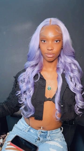 Lavender Wig Black Women, Lavender Wig Install, Lavender Wigs For Black Women, Lavender Hair Black Women, Purple Lace Wig, Lavender Wig, Frontal Install, Pastel Wig, Lavender Hair Colors