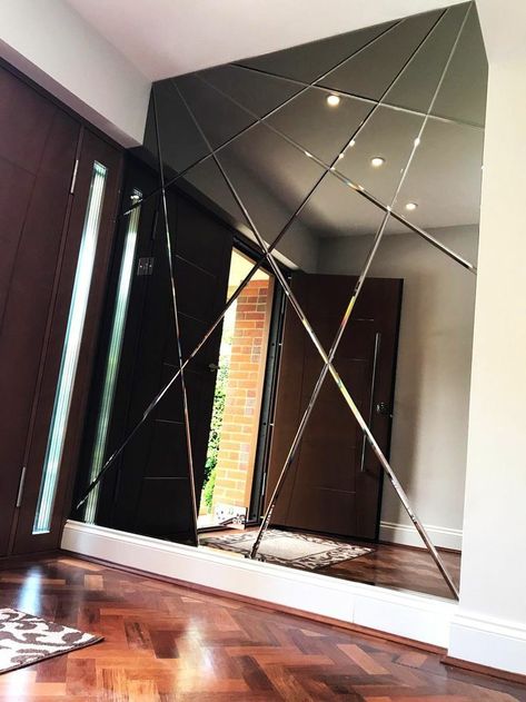 Mirror Wall Decor Living Room Modern, Mirror Feature Wall, Mirror Wall Design, Mirror Panel Wall, Wall Mirror Decor Living Room, Entrance Mirror, Mirror Decor Living Room, Geometric Mirror, Mirror Wall Living Room