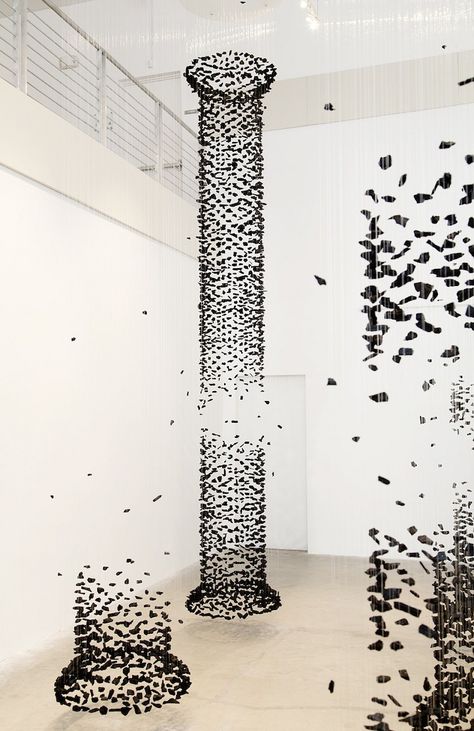 Columns of Suspended Charcoal Explore Relationship Between Nature and Man - My Modern Met Suspended Art, Charcoal Artwork, Art Installation, Stone Sculpture, Sculpture Installation, Concrete Wall, Installation Art, Warm Light, Led Lamp