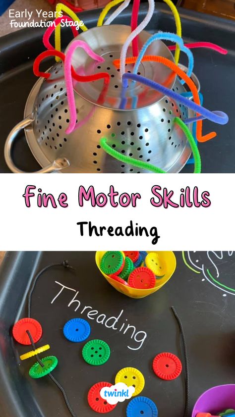 Encourage children to develop their fine motor skills with these fun threading activities. Thanks to Lesley Sellers 0-2 Eyfs Activities, Fine Motor Activities For Sen, Lego Fine Motor Activities, Fine Motor Tweezer Activities, Eyfs Physical Development Activities, Early Head Start Activities, Fun Eyfs Activities, Threading Activities For Preschoolers, Fine Motor Ideas Eyfs