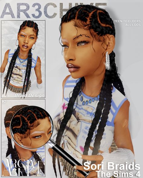 Sori Braids | Patreon Sims 4 Cc Hair Two Braids, Sims 4 Braids With Beads, Sims 4 Cc Braided Hair Alpha, Sims 4 Cc Female Braids, Female Locs Sims 4 Cc, Sims 4 Cc Two Braids, Sims 4 Urban Hairstyles, Bohemian Knotless Braids Sims 4 Cc, Free Urban Cc Sims 4