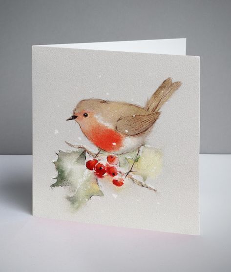 Watercolor Christmas Paintings, Christmas Cards Handmade Kids, Christmas Cards Ideas, Christmas Cards Drawing, Christmas Drawings, Bird Watercolor, Christmas Card Art, Robin Bird, Watercolor Christmas Cards