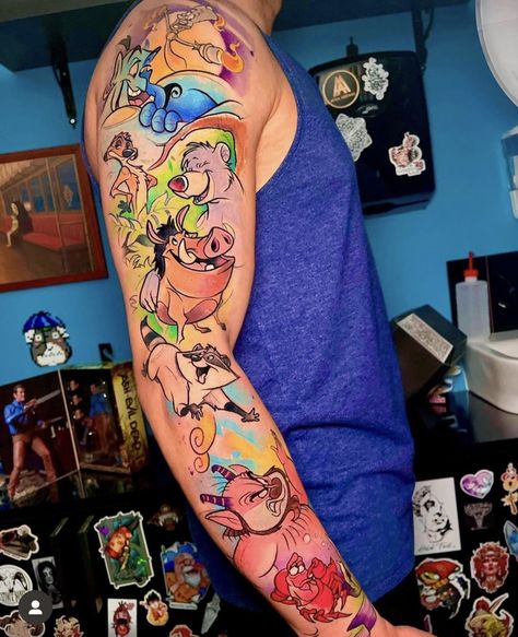 Disney Leg Sleeve Tattoo, Cartoon Sleeve Tattoo, Disney Tattoo Sleeves For Women, Collage Tattoo, Watercolor Tattoo Ideas, Disney Sleeve Tattoos, Disney Sleeve, Celtic Cross Tattoos, Bright Tattoos