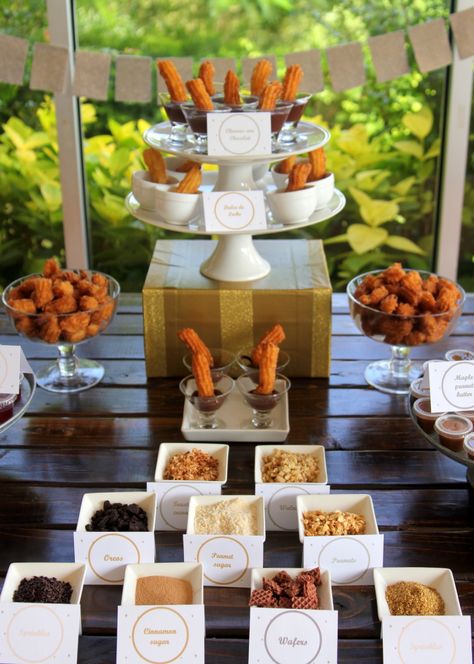 the yummiest churro station (the perfect addition to any party or shower!) Churro Station, Churros Dessert, Churro Bar, Dessert Mexican, Mexican Churros, Havana Nights Party, Birdhouses Ideas, Gray Headboard, Child Nutrition