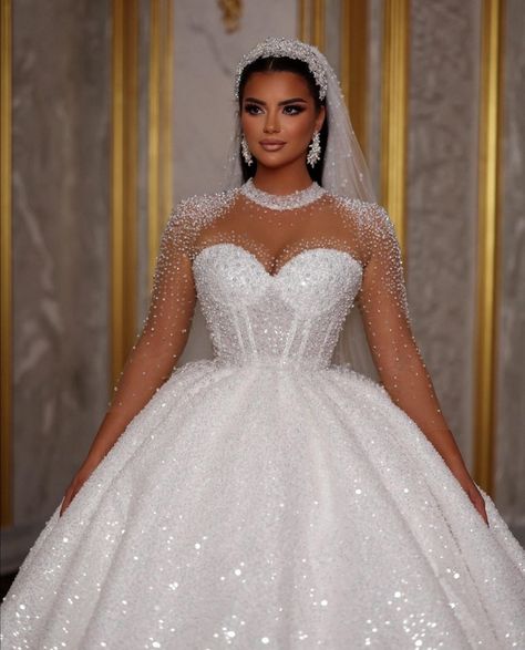 Wedding Dresses With Bling Crystals, Dream Wedding Dresses Ball Gown Long Sleeve, Wedding Dresses Glamorous Sparkle, Wedding Dresses Princess Ballgown Classy, White Ballgown Wedding Dresses, Elegant Bride Dress Classy, Princess Wedding Dresses Ball Gown Fairytale Sparkle, Cinderella Style Wedding Dresses, Long Sleeve Wedding Dress Ball Gown Princesses