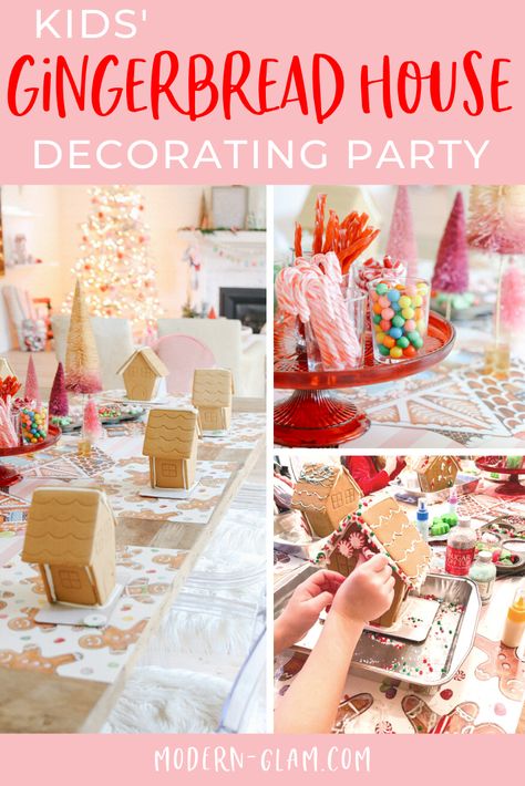 Hosting A Gingerbread Decorating Party, Gingerbread House Kits Diy, Gingerbread Decorating Party For Kids, Gingerbread Christmas Party Ideas, Ginger Bread House Decorating Party, Gingerbread Making Party, Gingerbread Party Ideas For Kids, Kids Christmas Party Themes, Gingerbread House Party For Kids