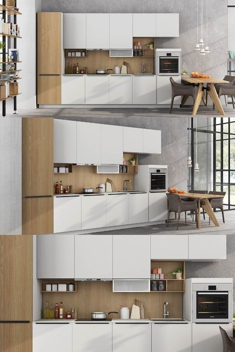 Straight Line Kitchens, Kitchen Ideas Straight Line, Kitchen Wall Cabinets And Shelves, Full Wall Kitchen Cabinets Modern, Single Line Kitchen Design, One Line Kitchen Layout, Kitchen Straight Layout, Straight Kitchen Design Modern, Small Kitchen Single Wall