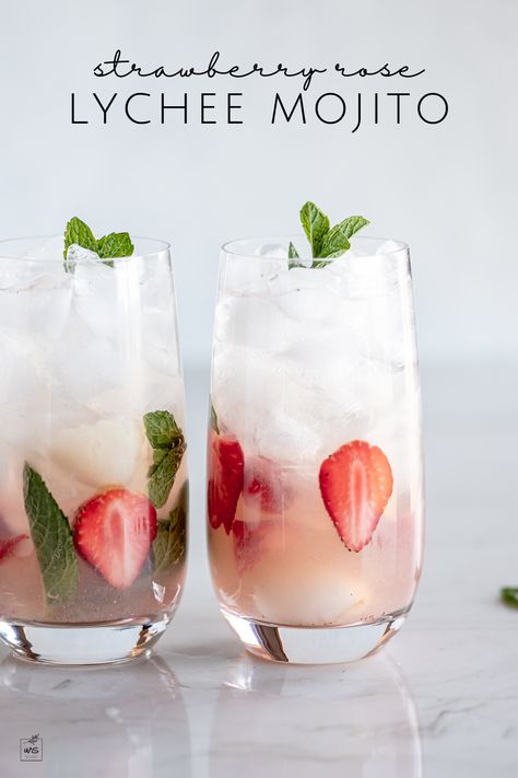 This lychee mojito recipe is a sweet, floral take on the everyday mojito. I use lychee fruit and the syrup from canned lychees to add an exotic spin to this summer time cocktail. Keep on reading to learn how to make this recipe! #mojito #cocktail #summerdrinks Lychee Syrup Cocktails, Lychee Mojito Recipe, Canned Lychee Recipes, Fancy Summer Cocktails, Lychee Drink Recipe, Lychee Mocktail Recipe, Lychee Cocktail Recipe, Asian Cocktails Recipes, Sweet Cocktail Recipes