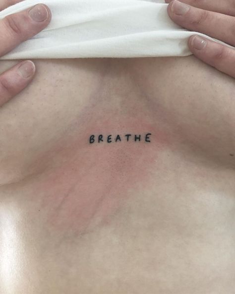 Sternum Word Tattoo, Breathe Symbol Tattoo Sternum, Babe Tattoo, Breath Word Tattoo, Tattoo Breathe Words, Hand Poke Tattoo Designs, Breath Tattoo, How To Give Yourself A Stick And Poke, Breathe Fonts Tattoo