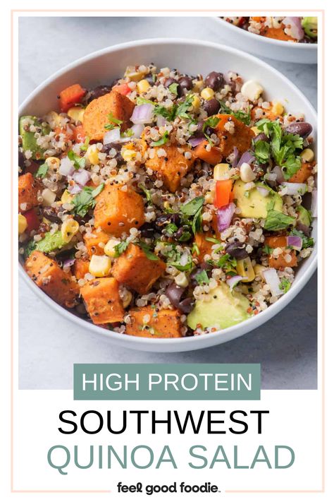 High Protein Meals With Sweet Potato, High Protein Quinoa Salad, Sweet Potato Black Bean Recipe, Low Carb Sweet Potato, Corn And Black Beans, Southwest Quinoa, Southwest Quinoa Salad, Cucumber Tomato Avocado Salad, Food Dinners