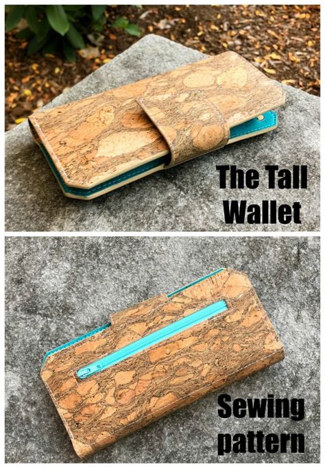 Sewing pattern for a cork wallet. Tall Wallet sewing pattern using non-fraying fabrics such as cork, leather or vinyl. Sew this smart wallet today. A great project for a confident beginner and those looking to sew with cork. Lots of spaces in this DIY wallet pattern for your cards, cash, coins and ID. Cork wallet sewing pattern. #SewModernBags #WalletSewingPattern #SewAWallet #CorkSewingPattern #SewingWithCork Vinyl Wallet Pattern, Cork Wallet Pattern Free, Cork Bag Patterns, Sewing With Cork Fabric, Free Leather Wallet Pattern, Faux Leather Wallet Pattern Free, Wallet Diy Pattern, Faux Leather Crafts Diy, Leather Wallet Pattern Free