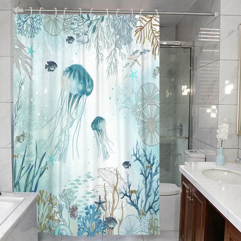 Millwood Pines Poar Shower Curtain & Reviews - Wayfair Canada Nautical Shower Curtain, Sea Bathroom, Solid Color Shower Curtain, Sea Life Animals, Waffle Weave Shower Curtain, Ocean Underwater, Plastic Shower Curtain, Bathtub Decor, Curtain Texture