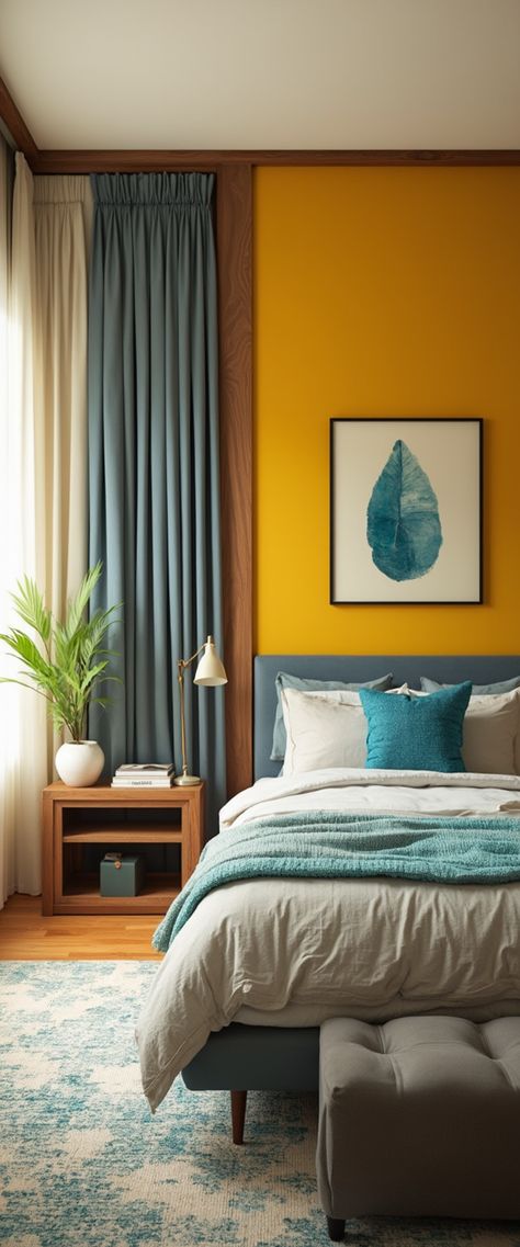 Serene Teal and Mustard Bedroom: A Modern Oasis of Style and Comfort Green Blue Yellow Bedroom, Mustard And Teal Bedroom, Mustard Yellow Accent Wall, Teal And Yellow Bedroom, Yellow Accent Wall, Dark Teal Bedroom, Blue Yellow Bedrooms, Mustard Bedroom, Teal And Mustard