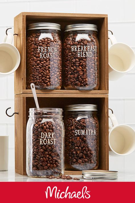 Make this Mason Jar Coffee Bean Storage project it is a great organization home décor craft. Chalk Paint Mason Jars, Diy Hanging Shelves, Diy Chalk Paint, Diy Wall Shelves, Closet Organization Diy, Wine Bottle Diy Crafts, Wine Bottle Diy, Mason Jar Crafts Diy, Floating Shelves Diy