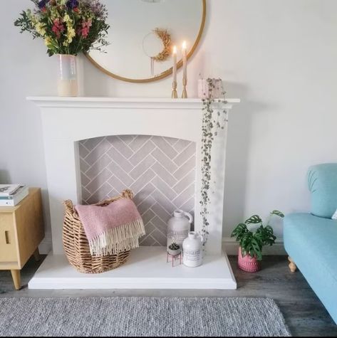 A defunct fireplace can still add character to a room. Removing Fireplace, Fireplace Transformation, Feature Fireplace, Tiled Fireplace, Grey Wall Tiles, Victorian Tiles, Tiles Floor, Grey Wall, Grey Tiles