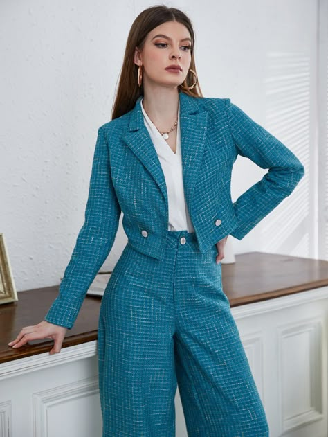 Teal Blue Elegant  Long Sleeve Tweed Plain  Embellished Non-Stretch Spring/Fall Women Suits Blue Tweed Suit Women, Unique Womens Suits, Fun Suits For Women, Blue Women’s Suit, Turquoise Suit Women, Teal Outfits For Women, Blue Outfits For Women Classy, Woman Suit Fashion Chic, Cool Suits Women