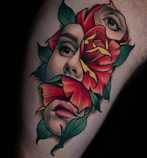 Traditional Tattoo Girls, Tato Realis, Neo Traditional Art, Watercolour Tattoos, Tattoo Sleeve Ideas, Neo Tattoo, Japanese Flower Tattoo, Hyper Realistic Tattoo, Album Artwork Cover Art