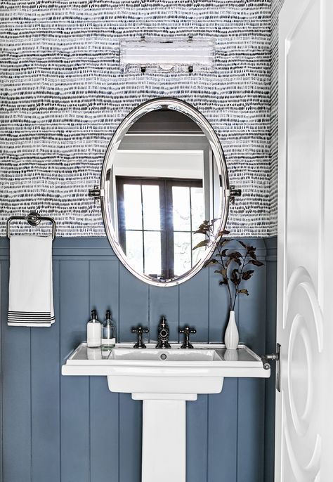 Emily Henderson Portland Traditional Powder Room1 #home #style Sw Waterloo, Mirror Pedestal, Pivot Mirror, Powder Bathroom, Shiplap Bathroom, Powder Room Wallpaper, Rebecca Atwood, Emily Henderson, Pedestal Sink