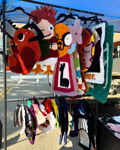 Our cute lil rug market setup 💖 We had our first market on Sunday, it was such a nice experience and def hoping to get into at least one or two more this year! 🤞 ✨links in my bio✨ #tufting #market #rugmaking #rugs #anime #animerug #homedecor #local #localart #pokemon Anime Tufted Rug, Rockstar Clothing, Market Setup, Tufting Design, Punch Rug, Punch Needle Embroidery, Local Art, Rug Art, Carpet Design