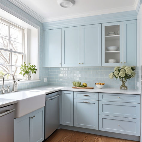 You Will Fall in Love With These 28 Blue Kitchens Baby Blue Kitchen Cabinets, Light Blue Cabinets Kitchen, Pale Blue Kitchen Cabinets, Light Blue Kitchen Cabinets, White And Blue Kitchen, Benjamin Moore Wythe Blue, Light Blue Kitchen, Wythe Blue, Kitchen Color Palettes