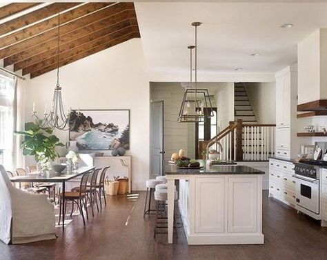 half vaulted ceiling into flat kitchen ceiling Vaulted Ceiling Kitchen, Vaulted Ceiling Living Room, Slanted Ceiling, Beautiful Kitchen Designs, Wood Dining Room, Organizing Hacks, Kitchen Ceiling, Transitional Kitchen, Wooden Beams