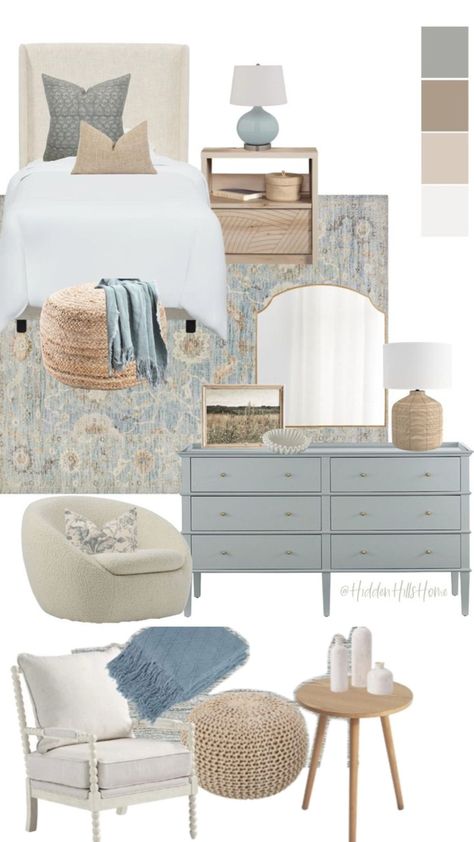 Light Blue Headboard Bedroom, Dusty Blue Bedroom, Coastal Modern Bedroom, French Blue Bedroom, Coastal Guest Room, Tilly Upholstered Bed, Blue And Cream Bedroom, Blue White Bedroom, Costal Bedroom