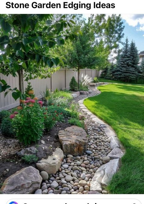 Tree In Corner Of Yard, Garden Bed Next To House, Backyard Low Maintenance Ideas, Missouri Landscaping Front Yards, Rocks In Flower Bed Landscaping, Backyard Stream Landscaping, Pnw Landscaping Ideas, Utah Landscape Ideas, Natural Backyard Landscaping