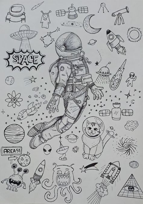 #astronaut#pencilsketch #cat#space#art#b&w#alien#skecth#creative Sketchbook Ideas Space, Drawing Ideas Space Theme, Things To Draw To Fill Space, Space Themed Sketches, Space Sketches Simple, Drawing Planets Space, Scetches Drawing, Space Things To Draw, Space Planets Drawing