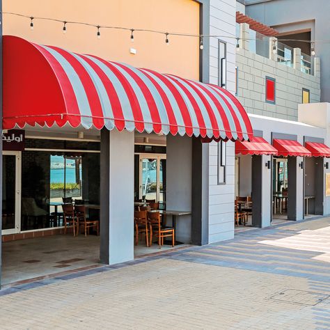 Outdoor Canopies are the most common type of canopies in Dubai. These can be used for big events or backyard fun; top covers let some light shine through but cut out harmful UV rays. For the perfect outdoor shade, best quality, and strong resistance against harsh UV and sun rays choose Royal Blinds LLC in UAE. Bakery Branding Design, Food Counter, Snack Display, Vegetable Shop, Awning Shade, Coffee Shop Interior Design, Bakery Branding, Fabric Canopy, Coffee Shops Interior