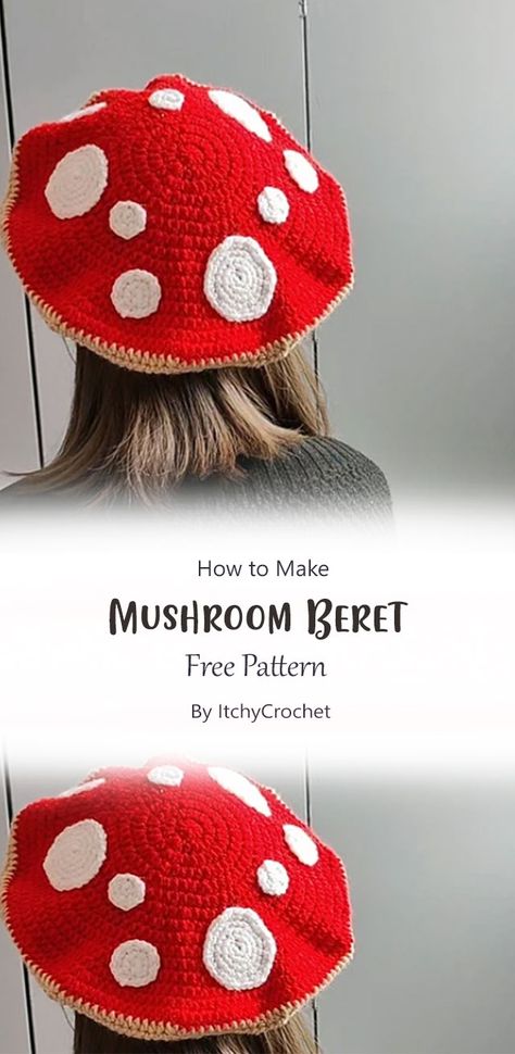 Another simple yet cute design for you that will look adorable! This pattern by ItchyCrochet and it’s very easy to follow along. Beret Crochet Pattern Free, Mushroom Beret, Mushroom Amigurumi, Crochet Beret Pattern, Fall Crochet Patterns, Mushroom Hat, Crochet Mushroom, Yarn Craft, Halloween Crochet Patterns