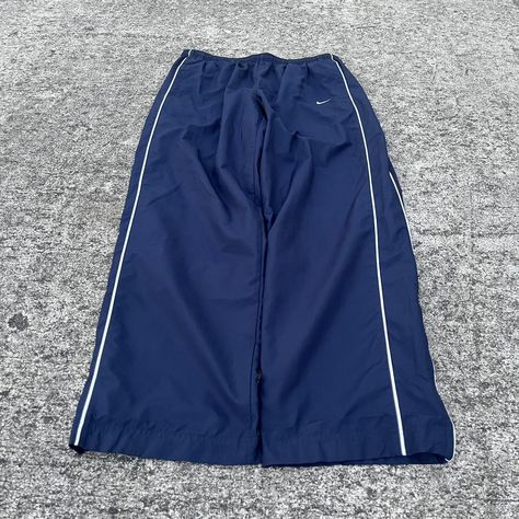 Vintage Y2K Nike Navy Blue Wide Leg Baggy Track... - Depop Baggy Track Pants, Navy Nike, Nike Sweatpants, Y2k Nike, Baggy Pant, Swaggy Outfits, Christmas Wishlist, Vintage Nike, Track Pants