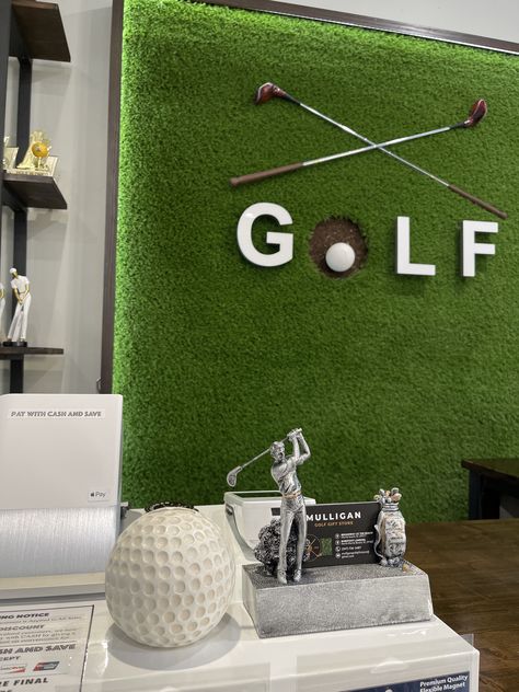 Golf Closet Ideas, Golf Course Decorating Ideas, Golf Course Decor, Golf Themed Backdrop, Golf Inspired Decor, Golf Decorating Ideas Man Caves, Golf Window Display, Golf Clubhouse Decor, Golf Bar Ideas