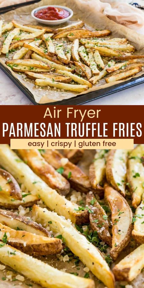 Air Fryer Truffle Fries, Parmesan Truffle Fries Air Fryer, Truffle Fries Air Fryer, Truffle Fries Recipe, Air Fryer Fries, Fries At Home, Parmesan Truffle Fries, Steak Dinner Sides, Parmesan Fries