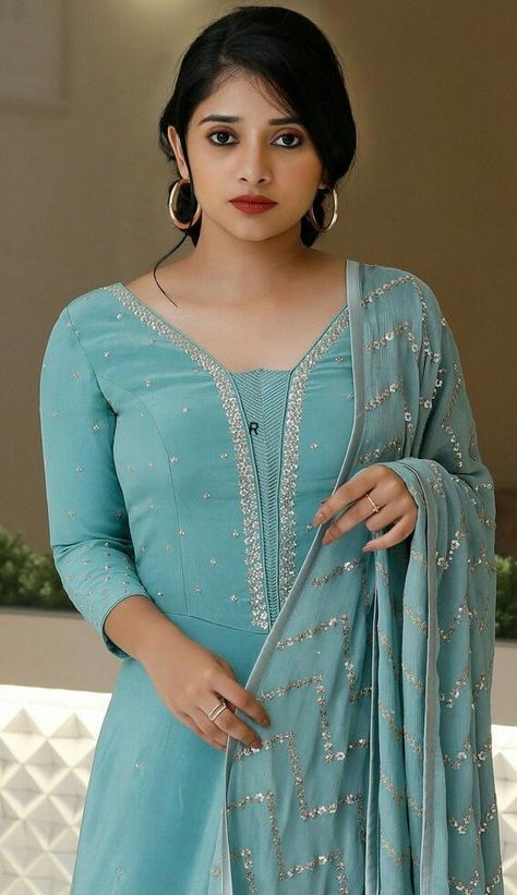 Sky Blue Colour, Salwar Neck Designs, Ethnic Suit, Churidar Designs, Simple Kurta Designs, Neck Designs For Suits, Simple Kurti Designs, Salwar Designs, Long Kurti Designs