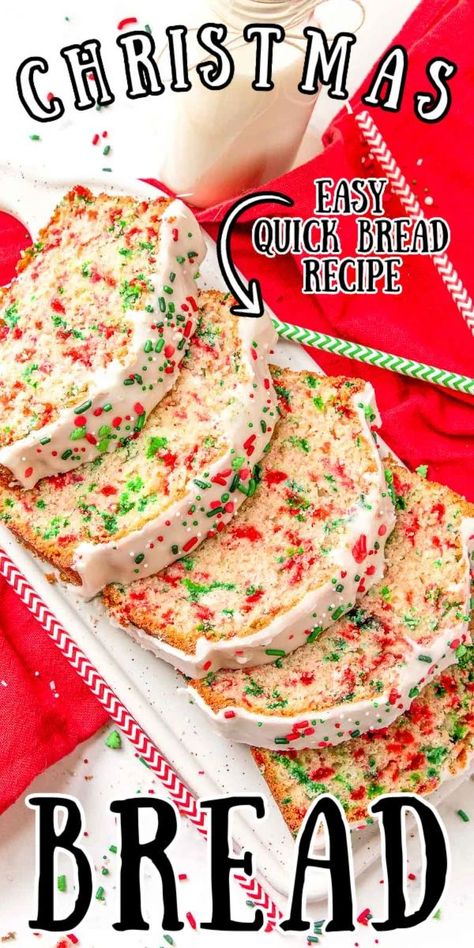 Christmas Funfetti Bread is an easy quick bread recipe that is studded with holiday sprinkles, and topped with a delicious vanilla glaze! Easy Quick Bread, Quick Bread Recipes Easy, Quick Bread Recipe, Christmas Bread, Christmas Baking Recipes, Holiday Sprinkles, Vanilla Glaze, Christmas Candy Recipes, Oreo Dessert