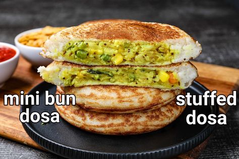 stuffed dosa recipe | instant stuffed mini bun dosa | stuffed dosa pancake Healthy Morning Breakfast Recipes, Hebbars Kitchen Recipes, South Indian Dosa Recipe, Indian Dosa Recipe, Healthy Morning Breakfast, Dosa Chutney, Dosa Recipes, Indian Breakfast Recipes, Vegetable Masala