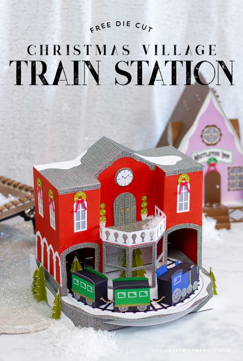 Cricut Christmas Village Projects, 3d Christmas Paper Craft, Paper Train Template Free Printable, Christmas Village Template, Cricut Miniatures, Christmas Village Train, Printable Christmas Village, Village Train Station, Christmas Village Diy